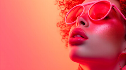 A close-up of young woman with curly hair wearing red sunglasses against a warm neon backdrop  