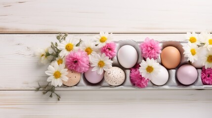 Naklejka na ściany i meble A cardboard tray or box with colored eggs and spring flowers on a white wooden background. Festive background, greeting card, happy Easter. Easter background with space to copy.