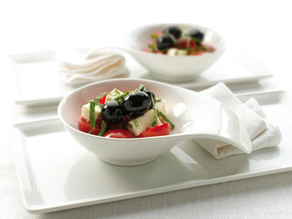 Ensalada de tomate, albahaca y aceitunas negras en cuenco de porcelana. Tomato, basil and black olive salad in a porcelain bowl.