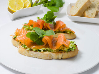 Canapés de salmón y aguacate, aperitivo. Salmon and avocado canapés, appetizer.