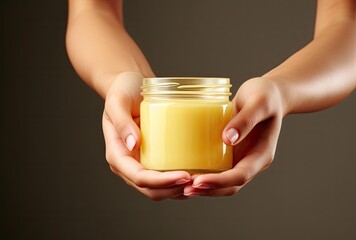 A woman's hand, adorned with a fresh manicure, elegantly cradles a cosmetics jar filled with moisturizing face cream, portraying a sense of care and sophistication.