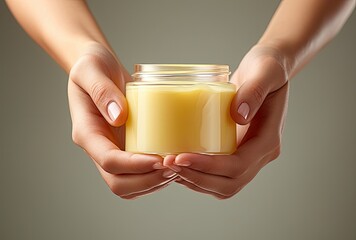 A woman's hand, adorned with a fresh manicure, elegantly cradles a cosmetics jar filled with moisturizing face cream, portraying a sense of care and sophistication.