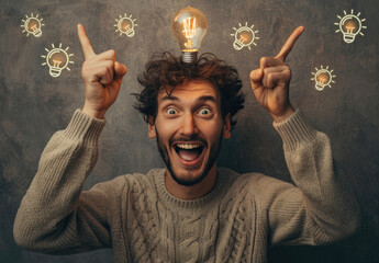 A man with a light bulb burning on his head points his fingers up and makes a surprised face, concept of the idea - Powered by Adobe