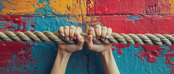 Fototapeta na wymiar Close-up of Human Hands Grasping a Thick Rope Against a Vibrantly Painted Wooden Background