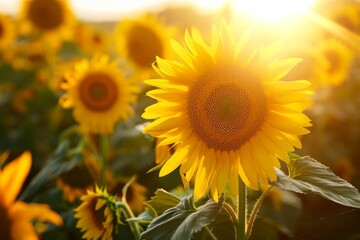  Love-filled sunflowers standing tall in a sunlit field of golden warmth, a vibrant and uplifting scene.