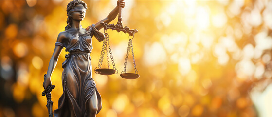 Statue of Lady Justice with Scales in Soft Golden Light, Symbolizing Fairness and Law - obrazy, fototapety, plakaty