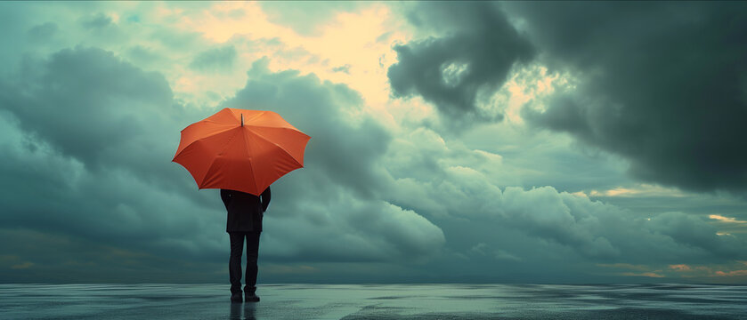 Contemplating Life's Journey: A Solitary Figure Under a Vibrant Orange Umbrella Amidst a Vast Seascape and Stormy Skies