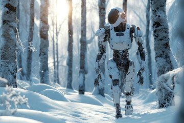 Glacier Guardian: Fantastical Android Amidst Icy Pines