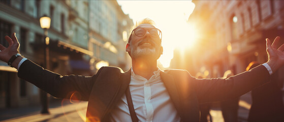 Embracing Success: Ecstatic Businessman Celebrating Personal Triumph Outdoors at Sunset - obrazy, fototapety, plakaty