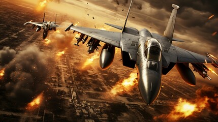 A large battle with fighter jets realistic - obrazy, fototapety, plakaty