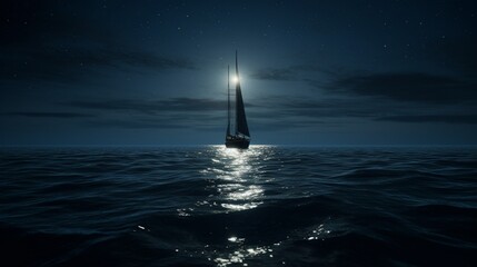 A lone sailboat navigating through a vast - obrazy, fototapety, plakaty