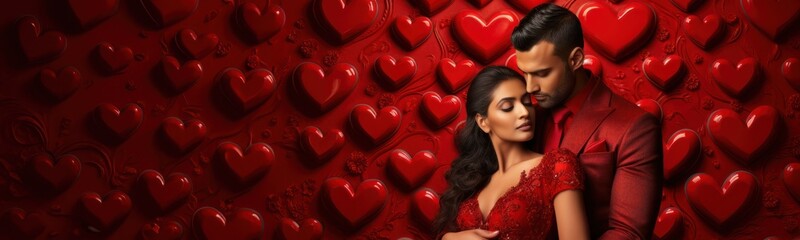 Illustration Saint-Valentin, un jeune couple amoureux sur un fond rouge rempli de cœurs, image avec espace pour texte - obrazy, fototapety, plakaty