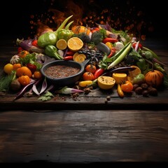 Un assortiment de légumes sur une table en bois, image avec espace pour texte - obrazy, fototapety, plakaty