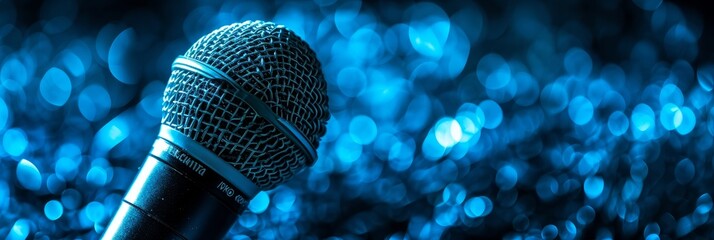 Digital composite of Composite image of microphone on blue and black background  - obrazy, fototapety, plakaty