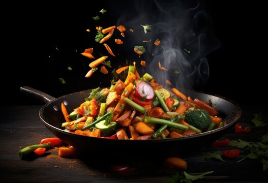 Légumes sautés avec des aliments en mouvement dans une poêle à frire