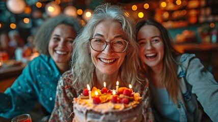 Obraz na płótnie Canvas A joyful gathering of varied senior friends commemorating birthdays with gifts and cake