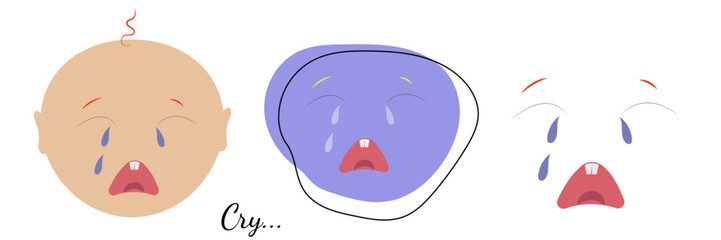 set of crying baby faces on white background. Kawaii kid. Cartoon blue doodle face. Flat vector illustration