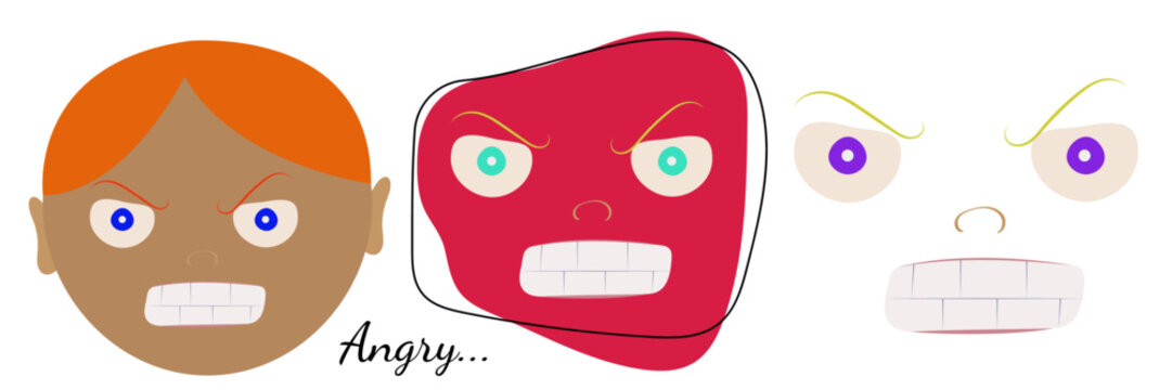 Set of angry  kawaii face emotions. Gingerhead boy. Red aggressive doodle. Cartoon line man eyes. Flat vector illustraion