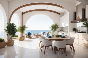 Obraz premium Interior home design of modern dining room with wooden dining table and chairs with arched windows on the coast