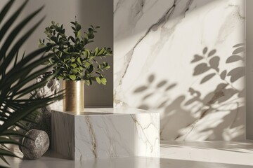 close-up of a sleek geometric rectangular light marble podium with shadows and palm leaves on the background, luxury and aesthetics