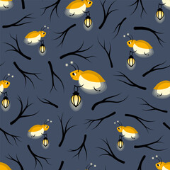 Seamless pattern with cute flying fireflies with vintage lanterns and tree branches on dark background. Lovely glowworm cartoon character vector art.