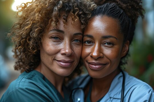 Two Women Friends Doctors Showing Emotional Support And Hugging Each Other