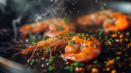 Seafood, Professional cook prepares shrimps with sprigg beans. Cooking seafood, healthy vegetarian food and food on a dark background. Horizontal view. Eastern kitchen - obrazy, fototapety, plakaty
