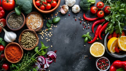 Healthy and balanced organic food ingredients on a dark stone table background