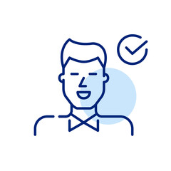 Finding the best candidate to fill the vacation. Young man in formal shirt with check mark. Pixel perfect, editable stroke icon