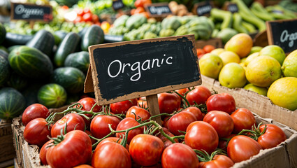 Organic food market with fruits and vegetables, fresh farmers local agriculture products, chalkboard sign written organic on it, hd