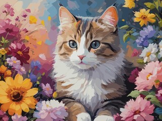cat and flowers painting	
