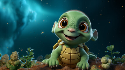 Cheerful Cartoon Turtle Creature Smiling Under a Starry Night Sky