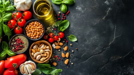 Obraz na płótnie Canvas Healthy and balanced organic food ingredients on a dark stone table background