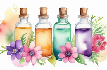 natural cosmetics with flowers, green leaves. essence oil bottles on floral background in watercolor