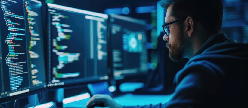 Software developer dealing with a cyber crime attack and computer malfunction. System error, hacking alert, and error message on screen. Close up.