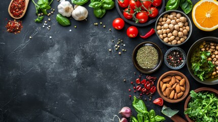Fototapeta na wymiar Healthy and balanced organic food ingredients on a dark stone table background
