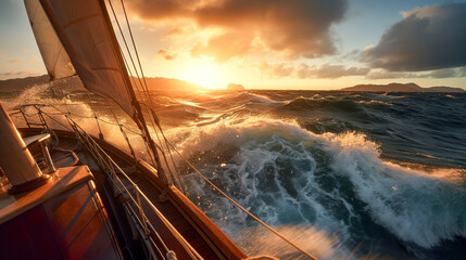 sailboat sailing in the open sea on a swell day at sunset - obrazy, fototapety, plakaty