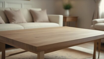 Fototapeta na wymiar Empty wooden table in a clean, elegant modern indoor home interior 