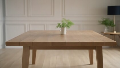 Fototapeta na wymiar Empty wooden table in a clean, elegant modern indoor home interior 