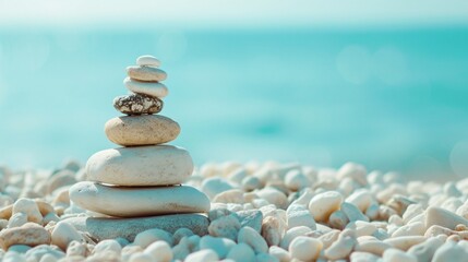 White sea pebble stone stack on light blue background.