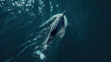 Aerial view of alone Bottlenose dolphin in blue sea. Aquatic animal in Black sea --ar 16:9 --v 6 Job ID: 0327ad9d-056b-4a1f-9168-9c9eb949db18 - obrazy, fototapety, plakaty