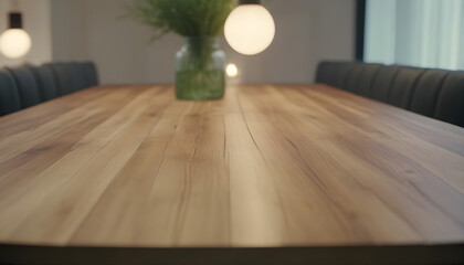 Empty wooden table in a clean, elegant modern indoor 
home interior 
