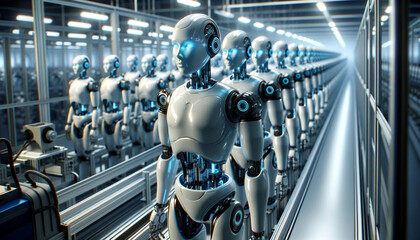 Identical humanoid robots aligned in a manufacturing setting, highlighted by blue lighting and a metallic finish, symbolizing advanced automation.