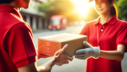 Delivery personnel in red uniforms exchanging a package outdoors, illustrating a moment in the daily parcel delivery process.