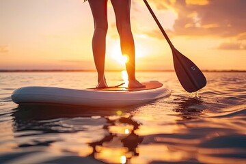 Summer sport adventure with young woman surfing in sea travel water paddle lifestyle nature person on surfboard ocean vacation sunset recreation fit and sunny sunlight holiday sunrise outdoor beach - obrazy, fototapety, plakaty