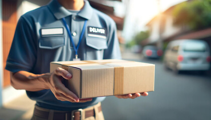 Delivery personnel in blue uniform presenting a sealed package, with a residential street in the background, depicting reliable parcel service. - obrazy, fototapety, plakaty