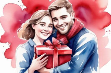 Fototapeta na wymiar A beautiful couple is holding a red gift box with a red bow in their hands. Concept for Birthday, Valentine's day, gift