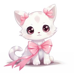 Illustration of a cute white kitten with a pink bow. Greeting card. T-shirt printing