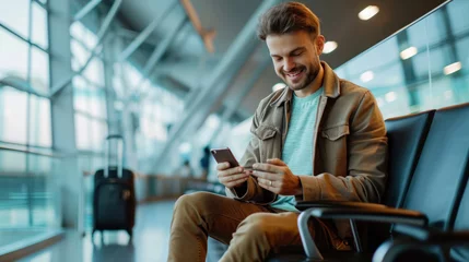 Fotobehang Business man using mobile phone to book plane ticket through online application, sitting on travel checking travel time on board at airport, travel, payment, due, booking, online, check in © pinkrabbit