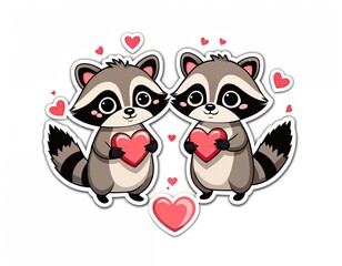 Obraz premium two raccoons holding pink hearts. isolated on white